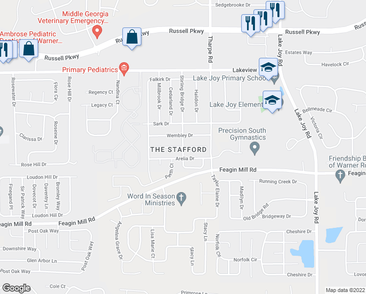 map of restaurants, bars, coffee shops, grocery stores, and more near Witherspoon Court in Warner Robins