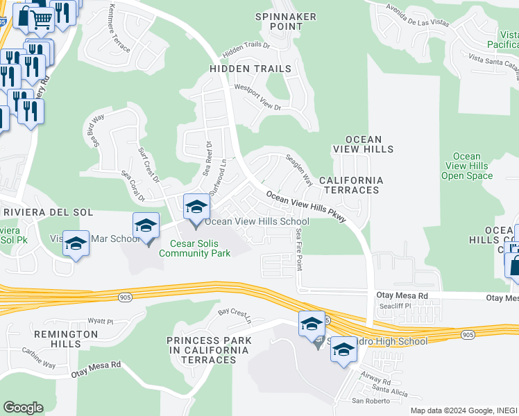 map of restaurants, bars, coffee shops, grocery stores, and more near 1375 Calle Sandbar in San Diego