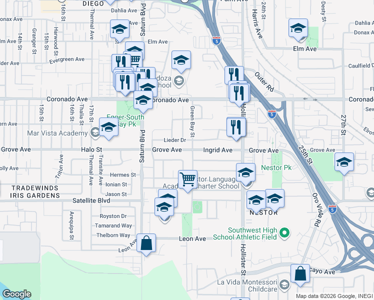 map of restaurants, bars, coffee shops, grocery stores, and more near 2077 Grove Avenue in San Diego