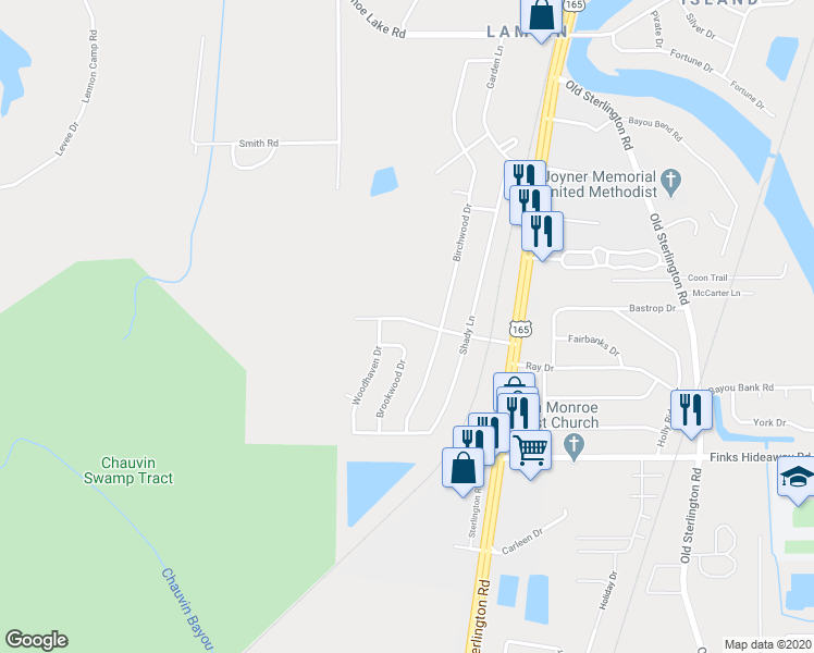 map of restaurants, bars, coffee shops, grocery stores, and more near 401 Teakwood Drive in Monroe