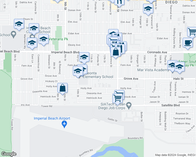 map of restaurants, bars, coffee shops, grocery stores, and more near 1149 Grove Avenue in Imperial Beach