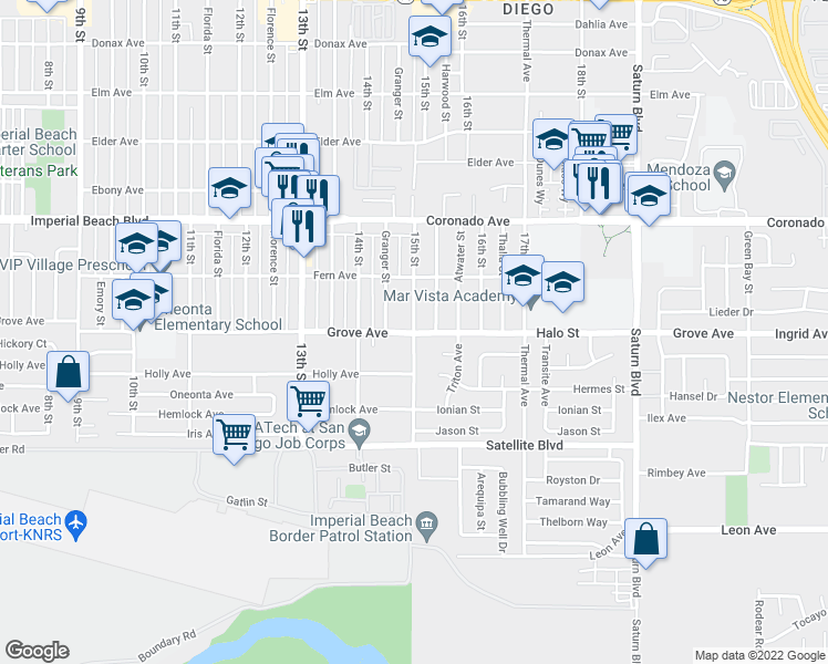 map of restaurants, bars, coffee shops, grocery stores, and more near Grove Ave & 15th St in Imperial Beach