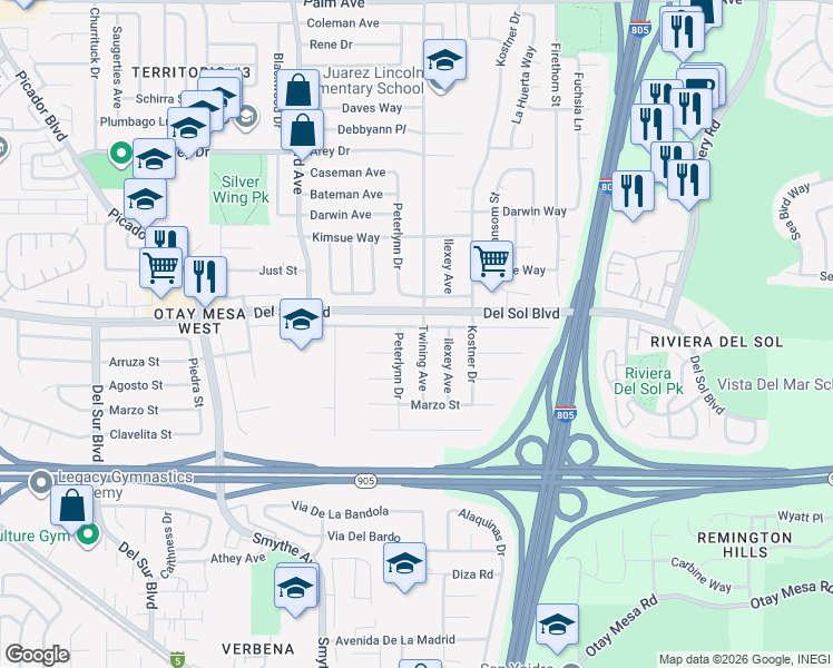 map of restaurants, bars, coffee shops, grocery stores, and more near 1306 Twining Avenue in San Diego