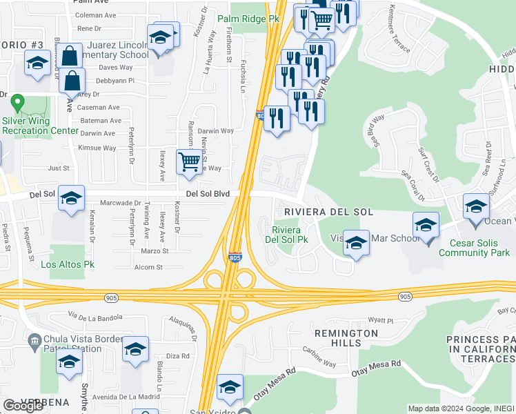 map of restaurants, bars, coffee shops, grocery stores, and more near 4511 Riviera Shores Street in San Diego