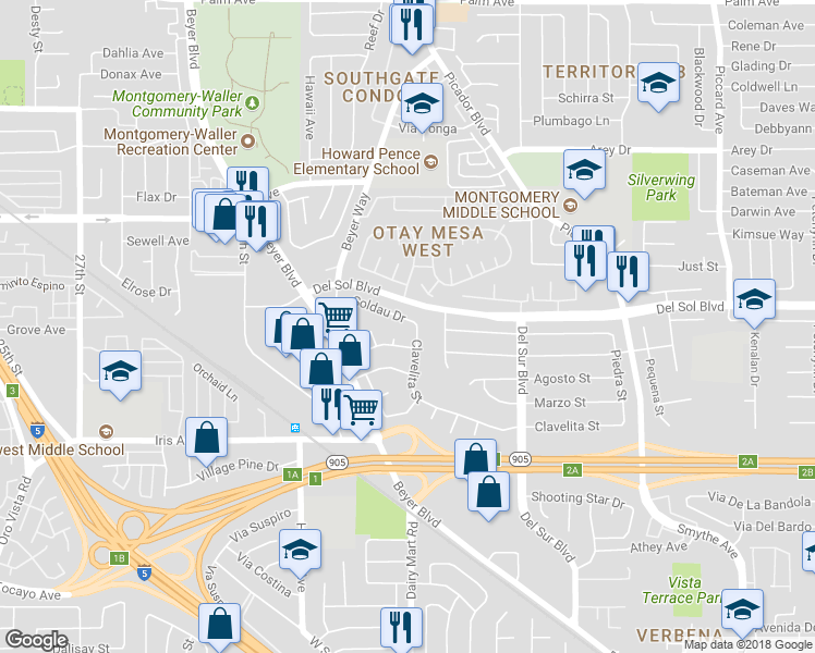 map of restaurants, bars, coffee shops, grocery stores, and more near 3373 Soldau Drive in San Diego