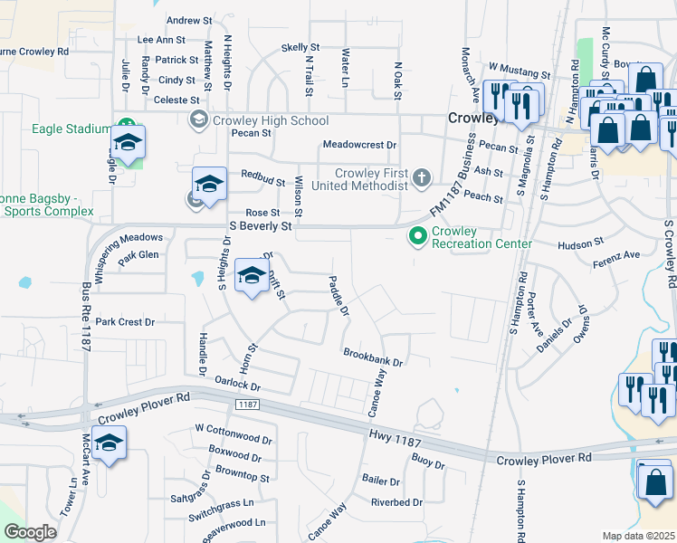map of restaurants, bars, coffee shops, grocery stores, and more near 448 Paddle Drive in Crowley