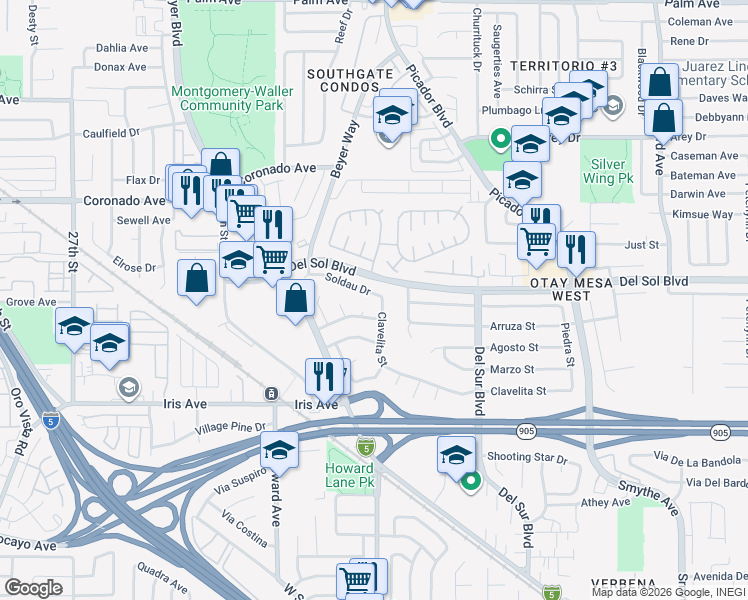 map of restaurants, bars, coffee shops, grocery stores, and more near 3373 Soldau Drive in San Diego