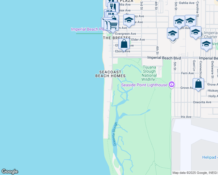 map of restaurants, bars, coffee shops, grocery stores, and more near 1344 Seacoast Drive in Imperial Beach