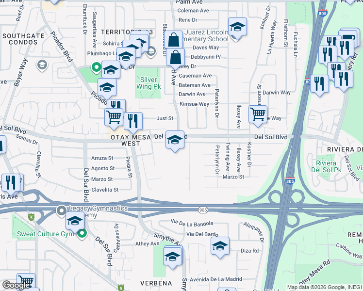 map of restaurants, bars, coffee shops, grocery stores, and more near 3923 Marcwade Drive in San Diego