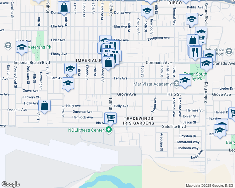 map of restaurants, bars, coffee shops, grocery stores, and more near 1343 Grove Avenue in Imperial Beach