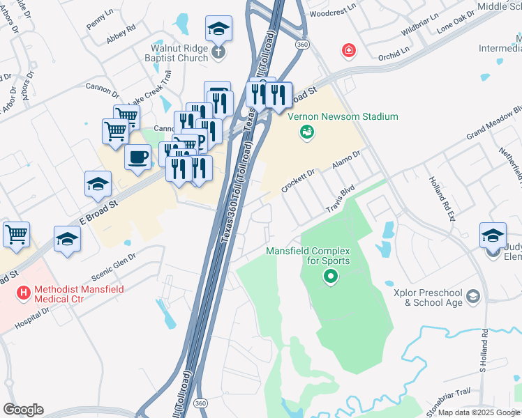 map of restaurants, bars, coffee shops, grocery stores, and more near 420 North State Highway 360 in Mansfield