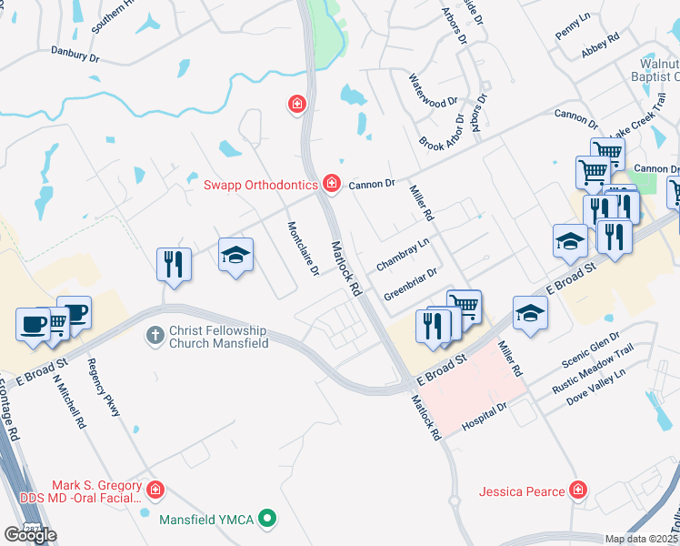 map of restaurants, bars, coffee shops, grocery stores, and more near 505 Montclaire Drive in Mansfield