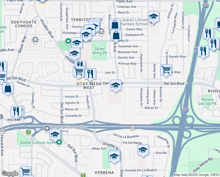 map of restaurants, bars, coffee shops, grocery stores, and more near 3885 Marcwade Court in San Diego