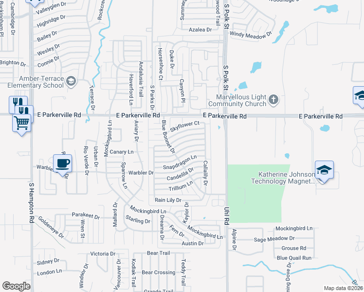 map of restaurants, bars, coffee shops, grocery stores, and more near 716 Jewelflower Drive in DeSoto