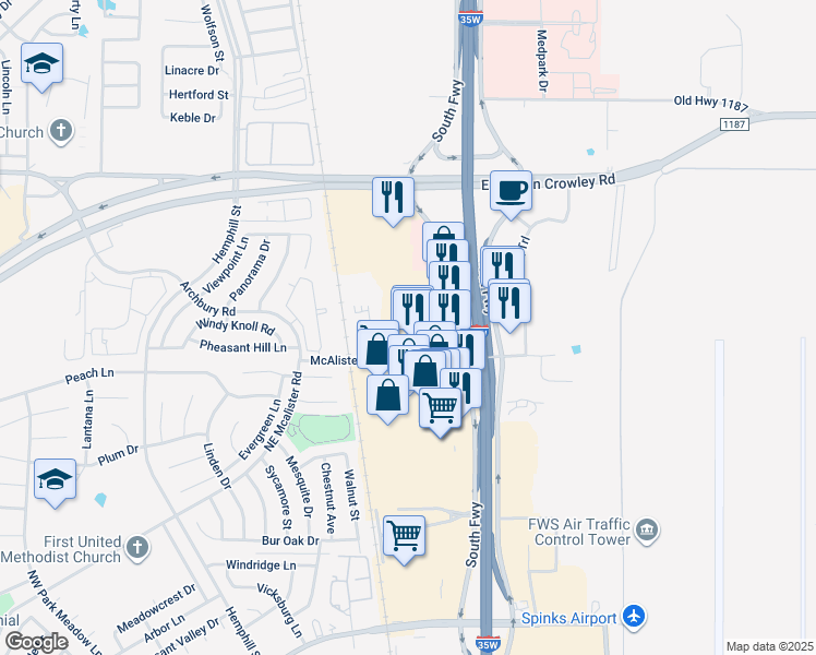 map of restaurants, bars, coffee shops, grocery stores, and more near 12700 South Freeway in Burleson
