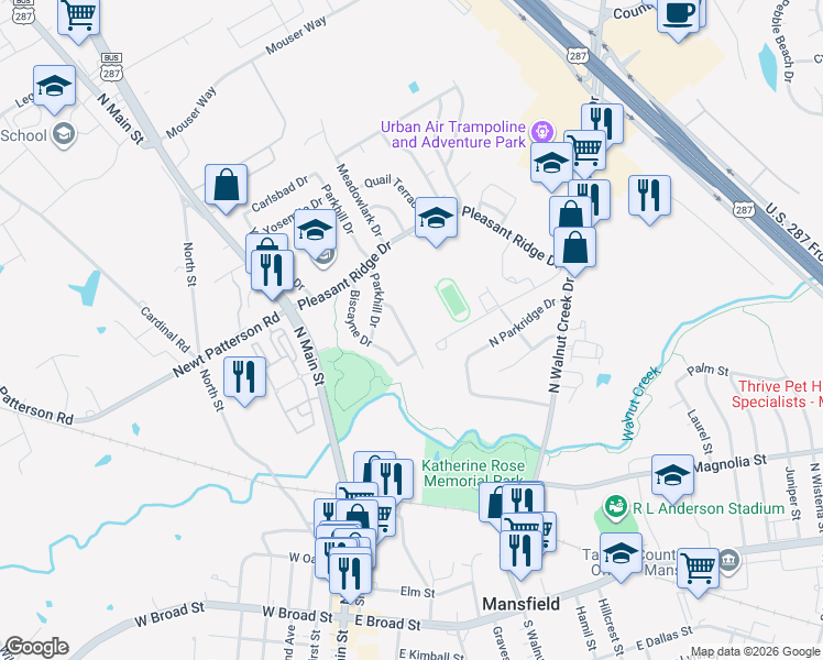 map of restaurants, bars, coffee shops, grocery stores, and more near 607 Everglade Drive in Mansfield