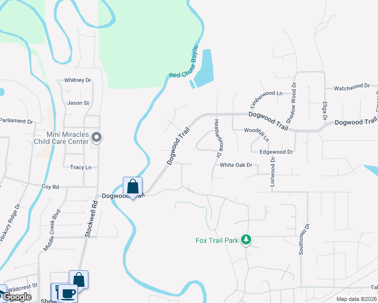 map of restaurants, bars, coffee shops, grocery stores, and more near 3133 Deerfield Drive in Haughton
