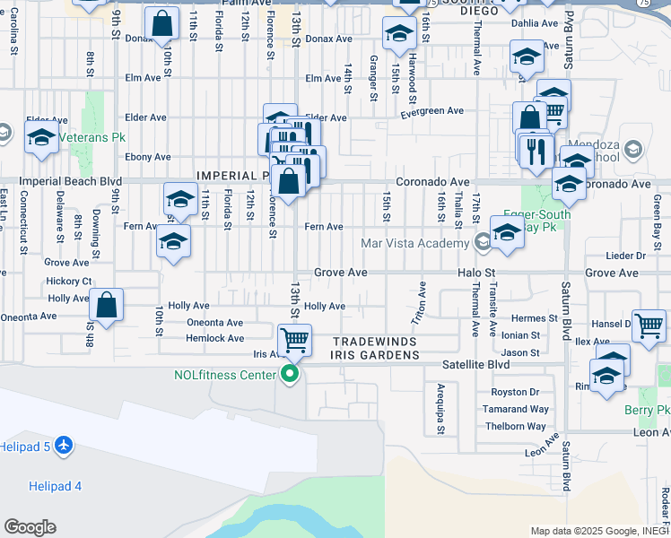 map of restaurants, bars, coffee shops, grocery stores, and more near 1382 Grove Avenue in Imperial Beach