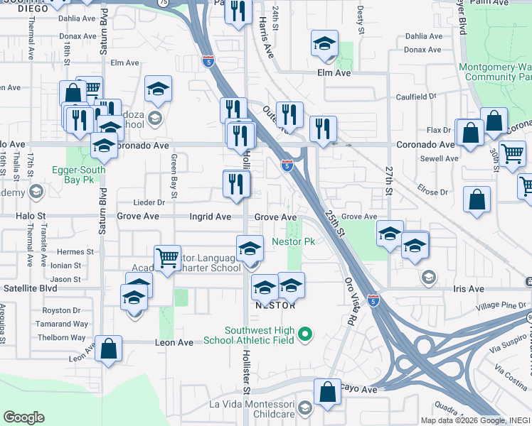 map of restaurants, bars, coffee shops, grocery stores, and more near 2371 Grove Avenue in San Diego