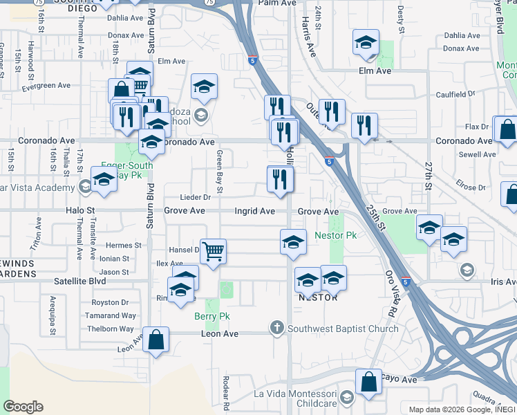 map of restaurants, bars, coffee shops, grocery stores, and more near 2235 Ingrid Avenue in San Diego