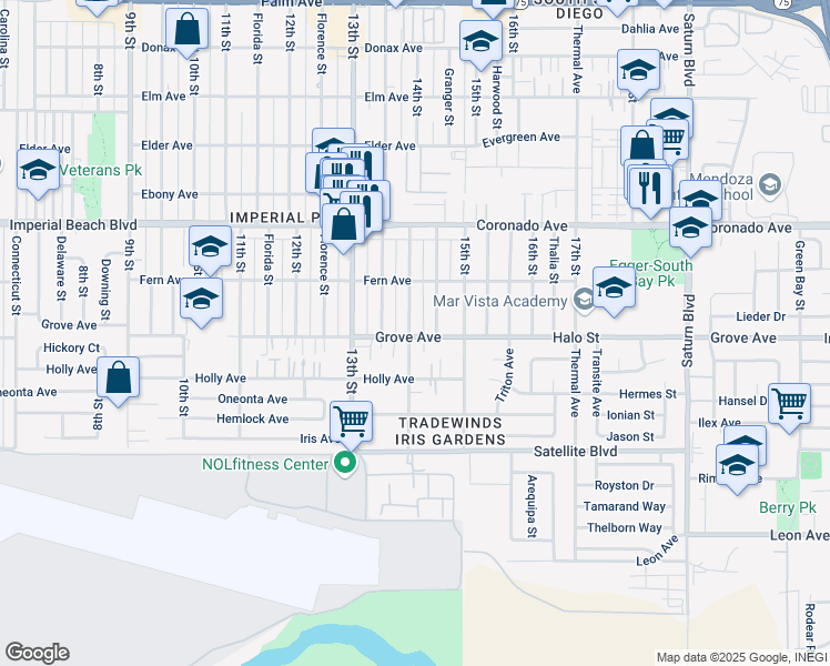 map of restaurants, bars, coffee shops, grocery stores, and more near 1312 14th Street in Imperial Beach