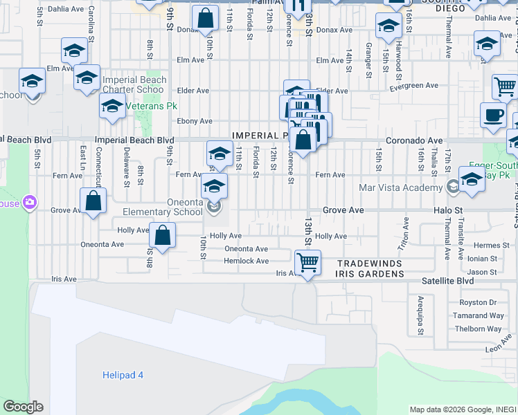 map of restaurants, bars, coffee shops, grocery stores, and more near 1115 Grove Avenue in Imperial Beach