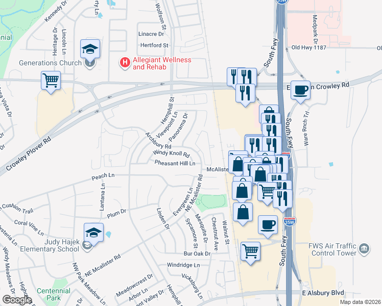map of restaurants, bars, coffee shops, grocery stores, and more near 424 Pheasant Hill Lane in Cross Timber