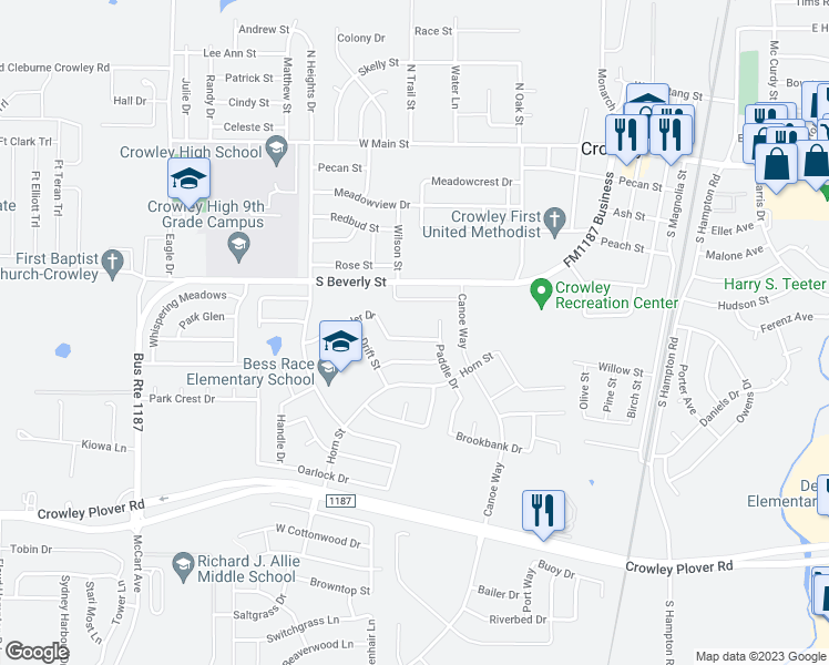 map of restaurants, bars, coffee shops, grocery stores, and more near 421 Angler Drive in Crowley