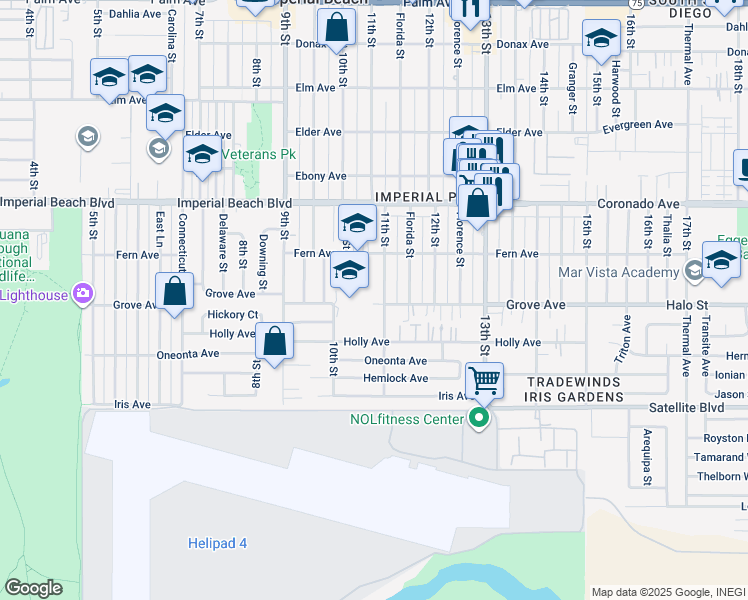 map of restaurants, bars, coffee shops, grocery stores, and more near 1096 Grove Avenue in Imperial Beach