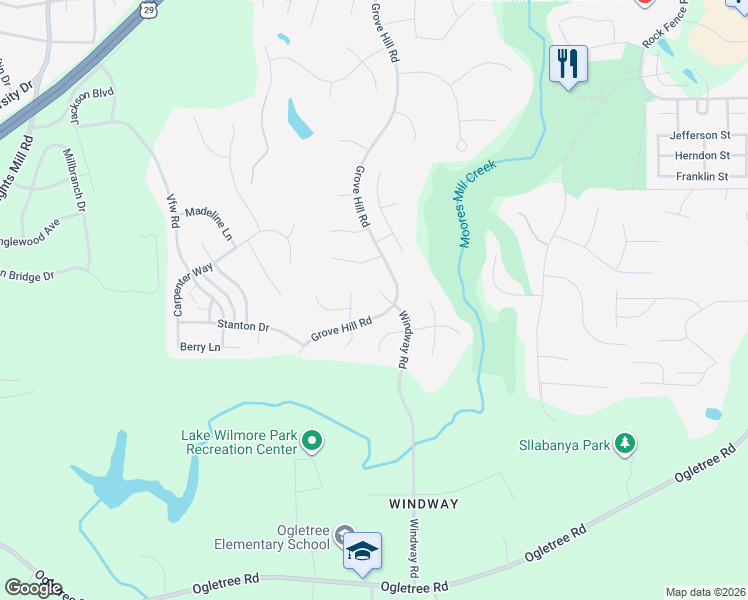 map of restaurants, bars, coffee shops, grocery stores, and more near Grove Hill Road in Auburn