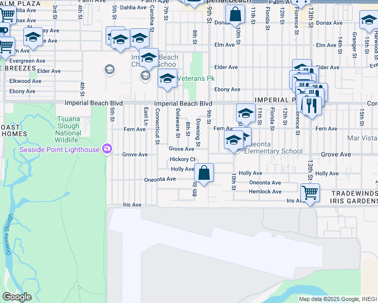 map of restaurants, bars, coffee shops, grocery stores, and more near 803 Grove Avenue in Imperial Beach