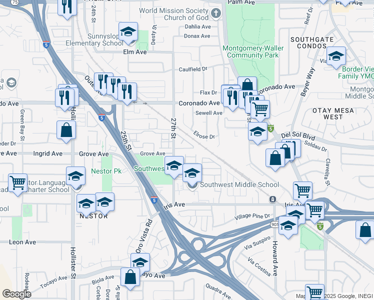 map of restaurants, bars, coffee shops, grocery stores, and more near 1305 27th Street in San Diego
