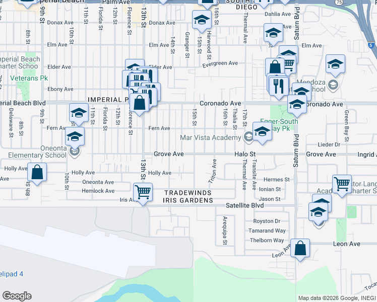 map of restaurants, bars, coffee shops, grocery stores, and more near 1472 Grove Avenue in Imperial Beach