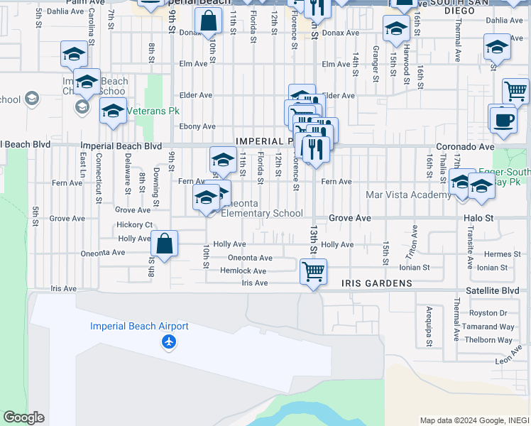 map of restaurants, bars, coffee shops, grocery stores, and more near 1162 Grove Avenue in Imperial Beach