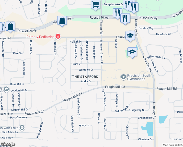 map of restaurants, bars, coffee shops, grocery stores, and more near 213 Witherspoon Court in Warner Robins