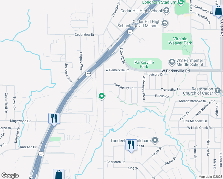 map of restaurants, bars, coffee shops, grocery stores, and more near 777 Web Place in Cedar Hill