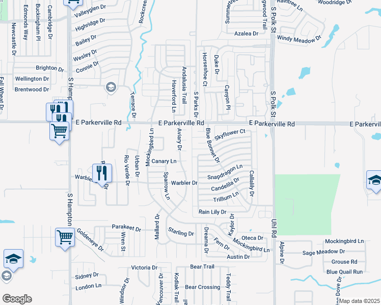 map of restaurants, bars, coffee shops, grocery stores, and more near 524 East Jay Court in DeSoto