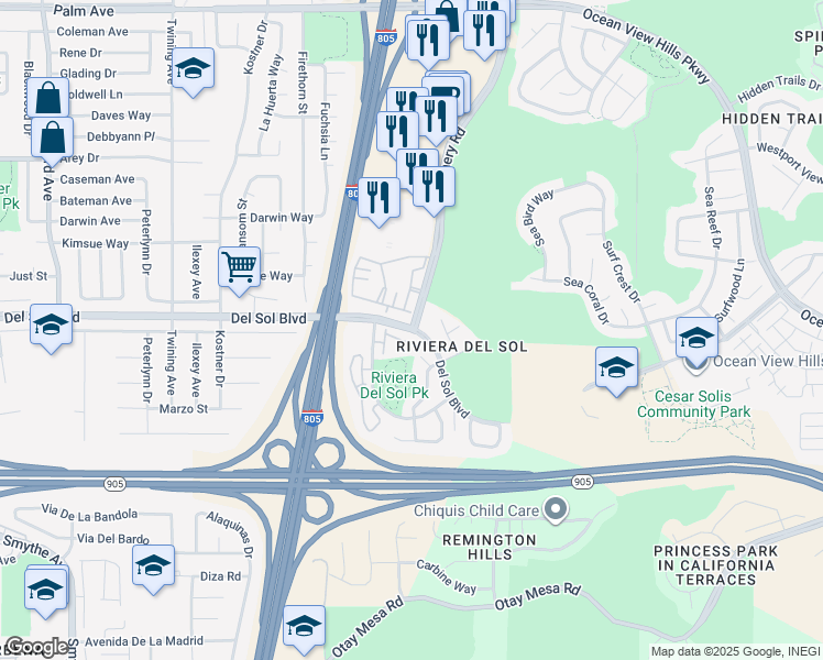 map of restaurants, bars, coffee shops, grocery stores, and more near Del Sol Blvd & Dennery Rd in San Diego