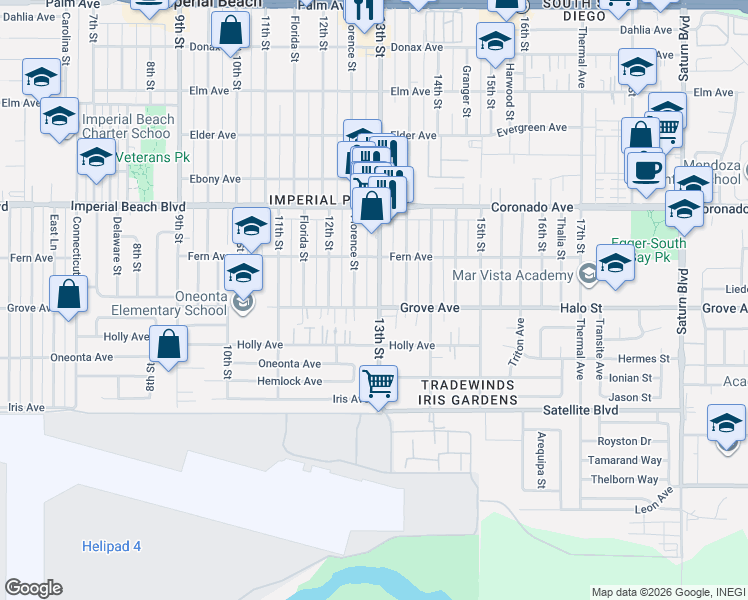 map of restaurants, bars, coffee shops, grocery stores, and more near 1282-86 13th Street in Imperial Beach
