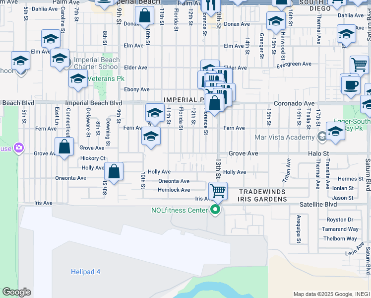 map of restaurants, bars, coffee shops, grocery stores, and more near 1162 Grove Avenue in Imperial Beach