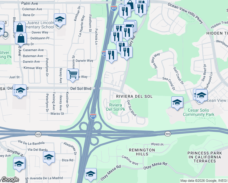 map of restaurants, bars, coffee shops, grocery stores, and more near 1366 Riviera Shores Street in San Diego