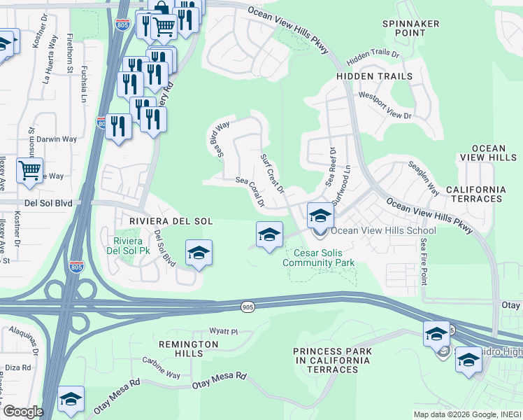 map of restaurants, bars, coffee shops, grocery stores, and more near 4843 Sea Coral Drive in San Diego