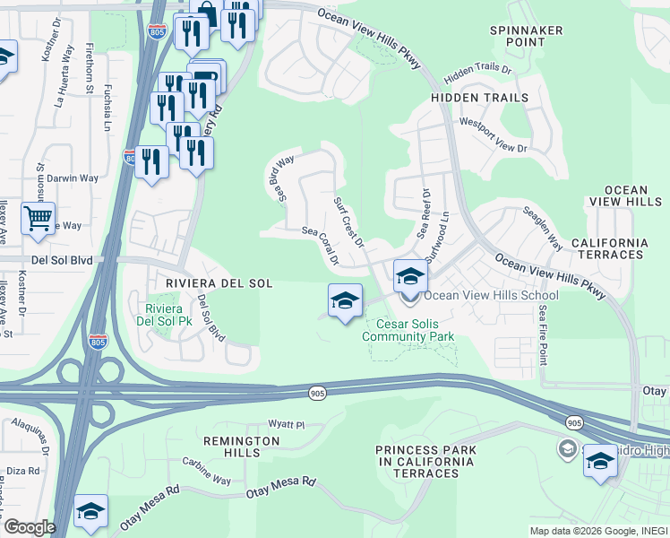 map of restaurants, bars, coffee shops, grocery stores, and more near 4843 Sea Coral Drive in San Diego