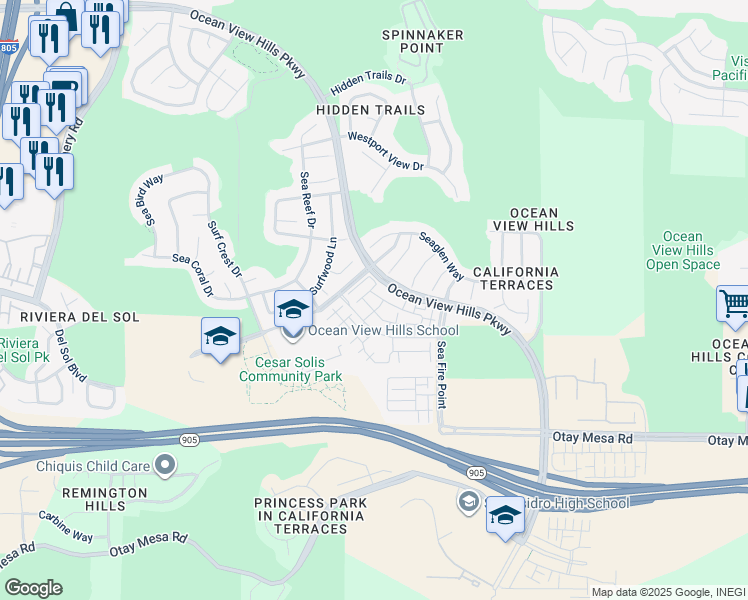 map of restaurants, bars, coffee shops, grocery stores, and more near 5200 Beachside Lane in San Diego