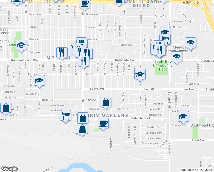 map of restaurants, bars, coffee shops, grocery stores, and more near 1471 Grove Avenue in Imperial Beach