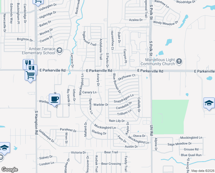 map of restaurants, bars, coffee shops, grocery stores, and more near 601 Snowy Orchid Lane in DeSoto