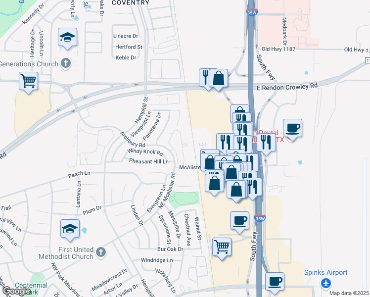 map of restaurants, bars, coffee shops, grocery stores, and more near 12701 Belville Lane in Burleson