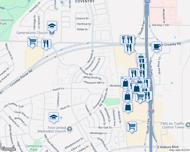 map of restaurants, bars, coffee shops, grocery stores, and more near 512 Pheasant Hill Lane in Cross Timber