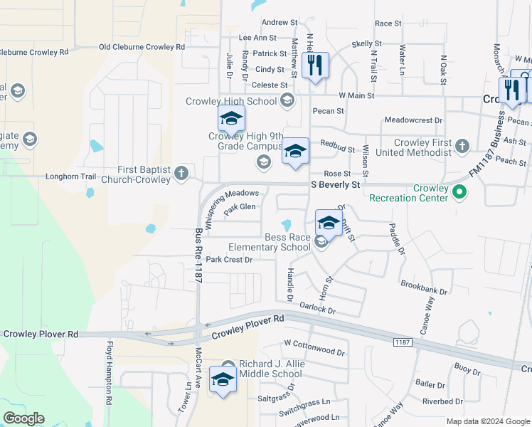 map of restaurants, bars, coffee shops, grocery stores, and more near 421 Park Meadows Drive in Crowley
