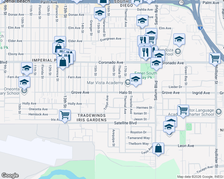 map of restaurants, bars, coffee shops, grocery stores, and more near 1282 16th Street in San Diego